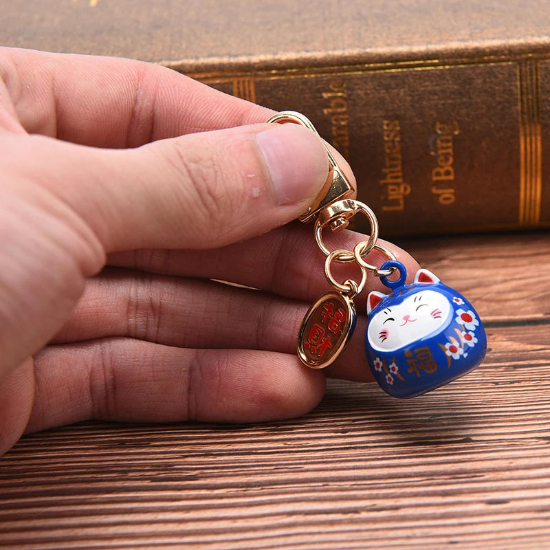 New Japanese Cute Lucky Cat Bell KeyChains Car Bag Decor Water Sound Bell Pendant Charm Keys Couple Gifts Keyring Pray Keyfob