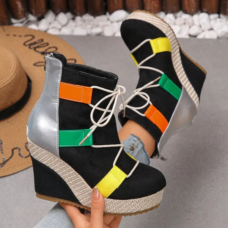 Women's Ankle Boots Wedge Heel Round Toe Platform Shoes Suede-Look Lace-Up Back Zipper Woven Trim Casual Street Style Footwear