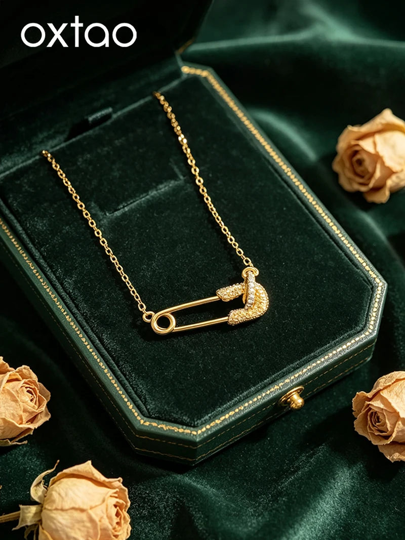 OXTAO Gold Color Paper Clip Pendant Necklace D VVS1 Moissanite Geometric Motif Necklace Chokers Women Jewelry 24K Yellow Plated