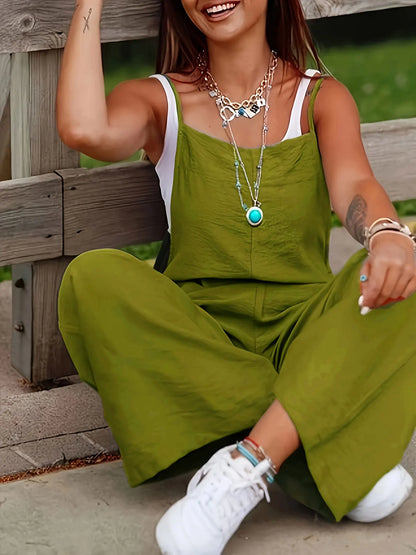 Summer Casual Suspender Jumpsuit for Women, Loose Thin Drapey Wide-Leg Pants, Simple Versatile Sleeveless Overalls, Vacation Style Women's Clothing
