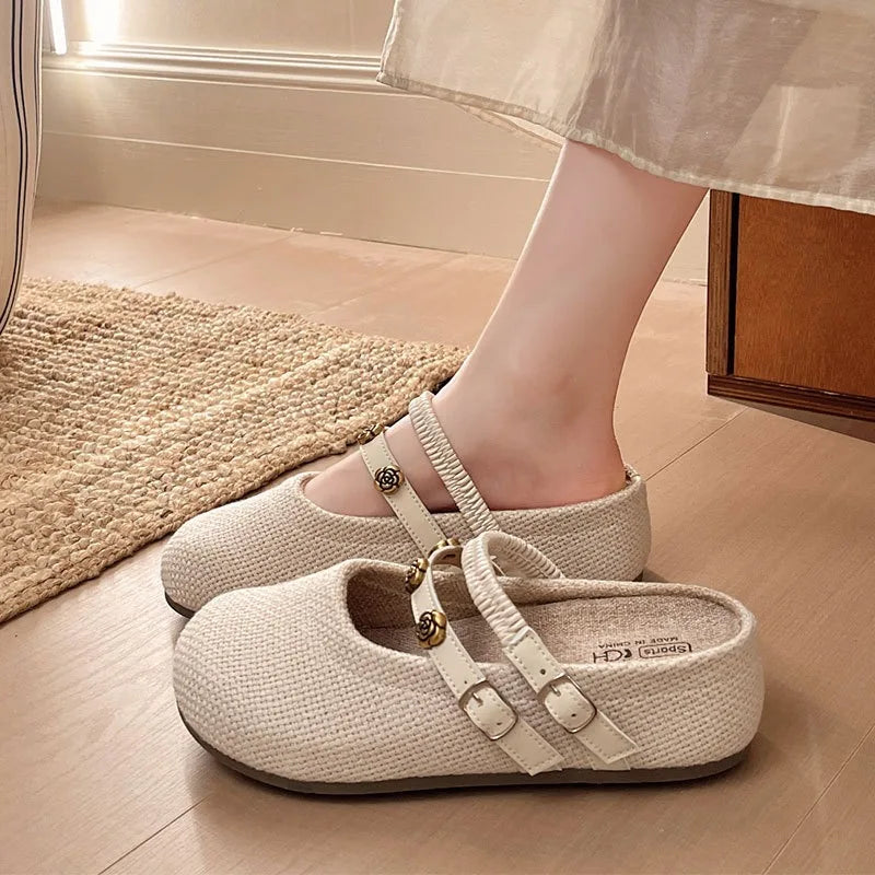 Women's Woven Mary Jane Mules Flat Round Toe Slip-On Shoes with Buckle Straps and Rose Hardware Casual Balletcore Summer Sandals