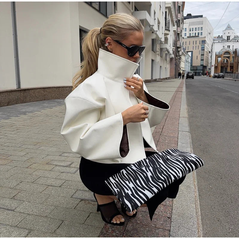 Women Cropped PU Leather Jacket Stand Collar Wide Flare Sleeve Asymmetrical Wrap Open Front Coat 2026 Autumn Chic Loose Jackets