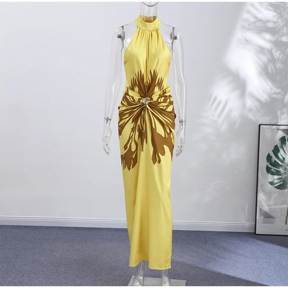 2026 Summer Printed Halter Maxi Dress Women Sleeveless Pleated Chic Satin Long Dresses Fashion Vacation Beach Party Lady Robe