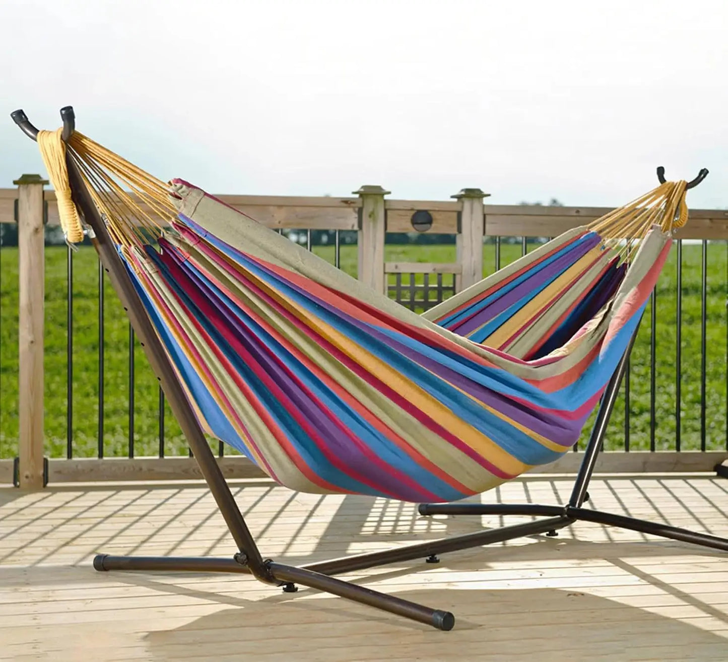 Double Cotton Hammock with Steel Stand, 450 lb Capacity, Portable with Carry Bag