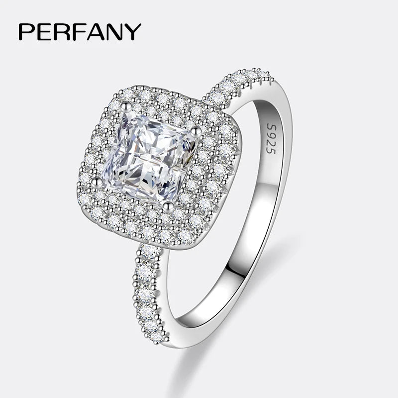 PERFANY 1CT Princess Square Cut Moissanite Ring Women S925 Pure Silver Laboratory Diamond Wedding Fashion Luxury Jewelry