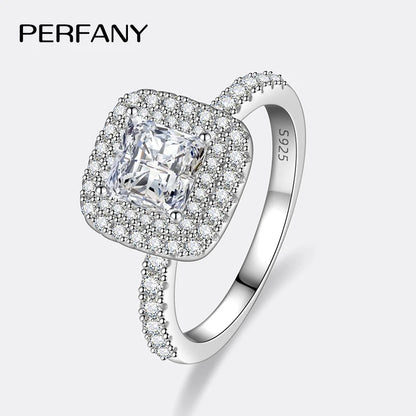PERFANY 1CT Princess Square Cut Moissanite Ring Women S925 Pure Silver Laboratory Diamond Wedding Fashion Luxury Jewelry