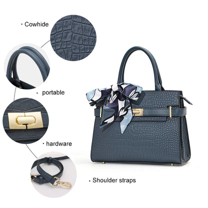 Genuine Leather Cowhide Women's HandbagConvertible for Crossbody & Shoulder Carry, with Silk Scarf, Crocodile Pattern Tote Bag