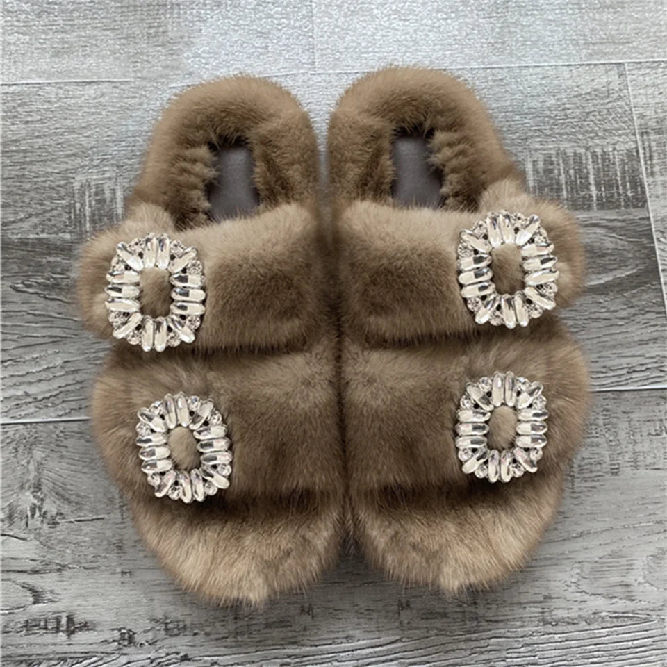 2025 New Women Fur Slippers Shoes Women Warm Winter Crystal Fur Shoes For Women Slippers Casual Plush Comfortable Mink Slippers