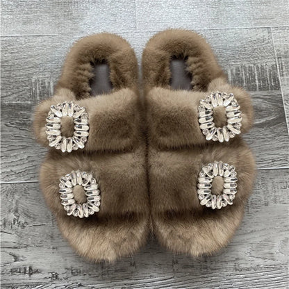 2025 New Women Fur Slippers Shoes Women Warm Winter Crystal Fur Shoes For Women Slippers Casual Plush Comfortable Mink Slippers