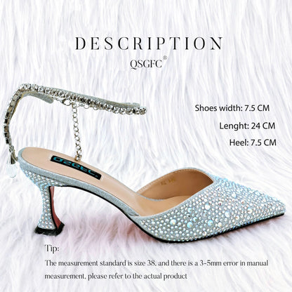 QSGFC New Gold Glitter Fabric Pointed Toe High Heels With A Variety Of Shapes Of Rhinestones Fashion Party Ladies Shoes And Bag