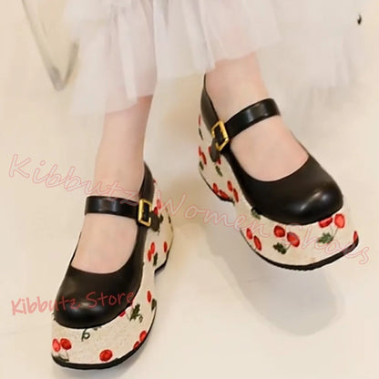 Mary Jane Pumps Cherries Platform Mixed Color Leather Belt Buckle for Women Shoes Round Toe Height Increasing Elegant Sexy New