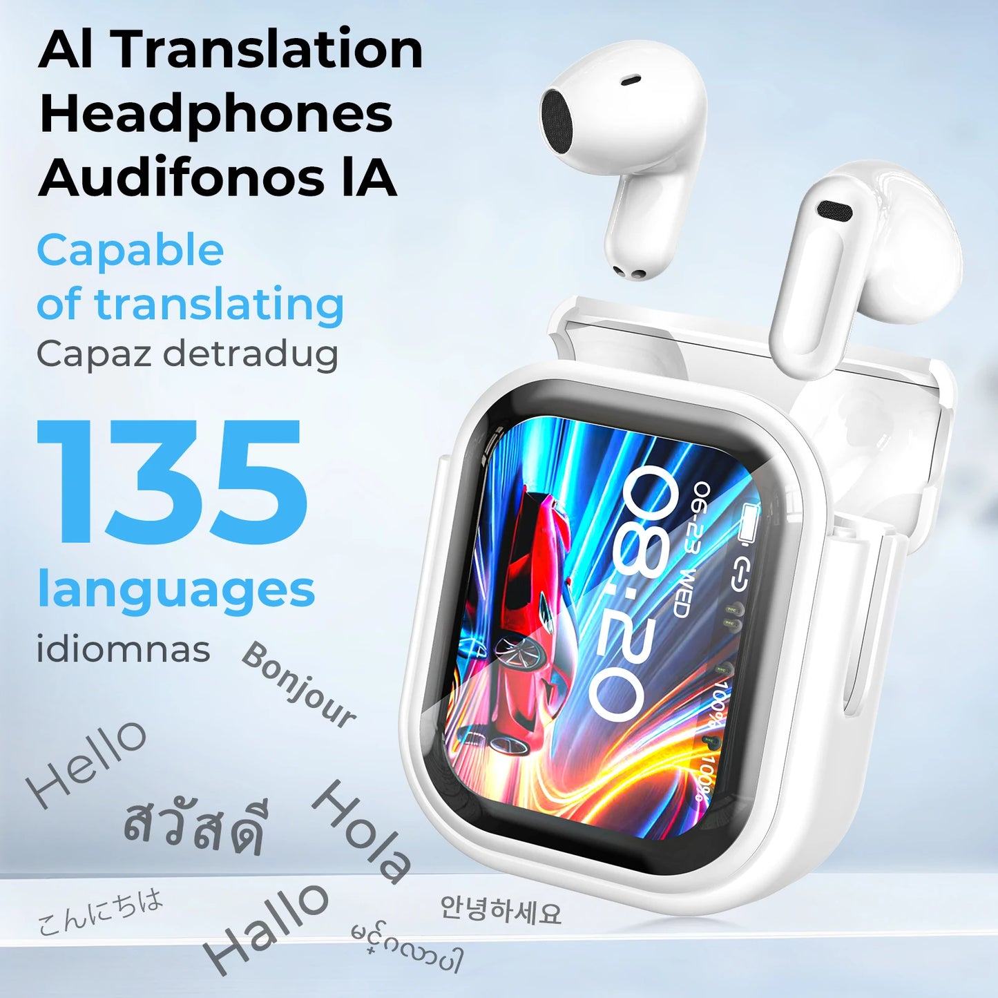HTC NE20 AI Translation Earbuds - ANC Noise Cancelling, Touch Screen, 135 Lang. Support, Business Conference, Travel Headphones