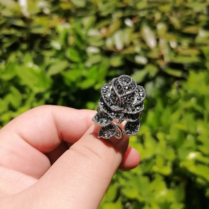 Ajojewel Black Rhinestone Rose Flower Necklace Ring And Earring Set For Women Vintage Jewelry Nice Gifts For Girlfriend