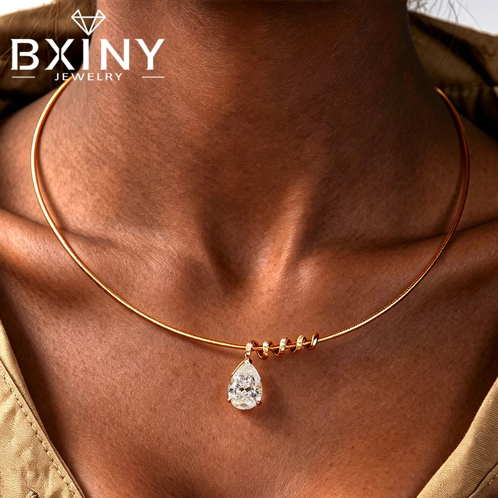 BXINY Full Moissanite WaterDrop Pendants Necklace 100% S925 Silver Detachable Pear Cut Diamond Collar Choker Women Gifts Jewelry