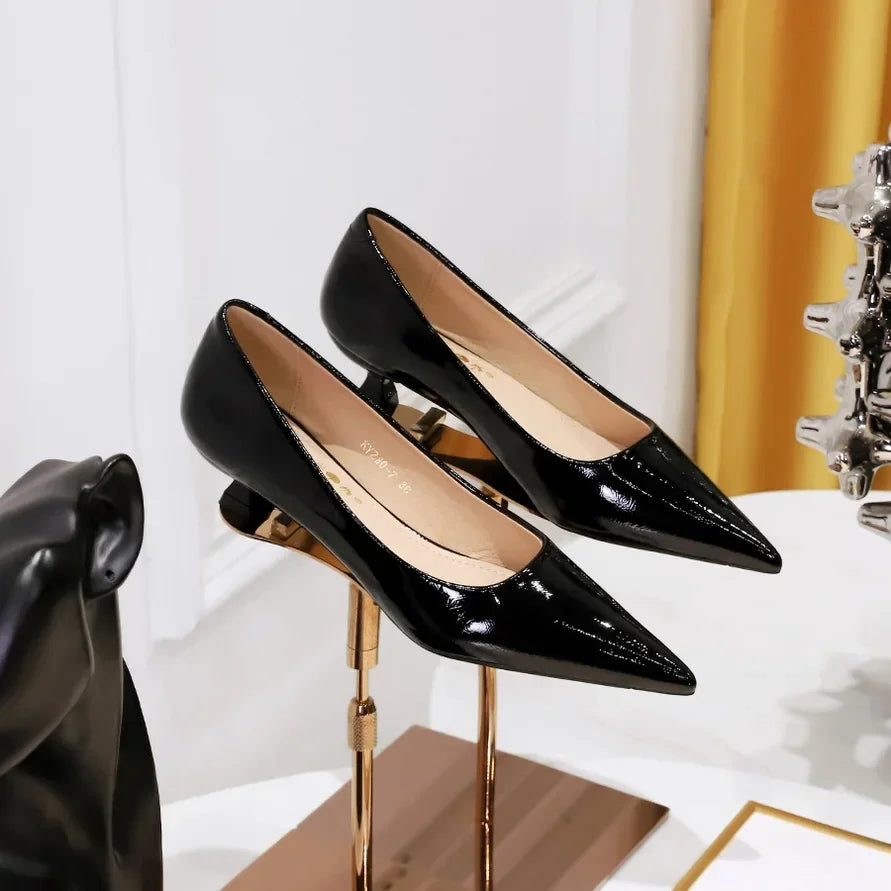 Women Comfortable 3.5cm High Heels Shallow Pointed Toe Work Pumps Lady Glossy Leather Low Heels 2024 Luxury Brand Designer Shoes
