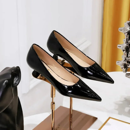 Women Comfortable 3.5cm High Heels Shallow Pointed Toe Work Pumps Lady Glossy Leather Low Heels 2024 Luxury Brand Designer Shoes
