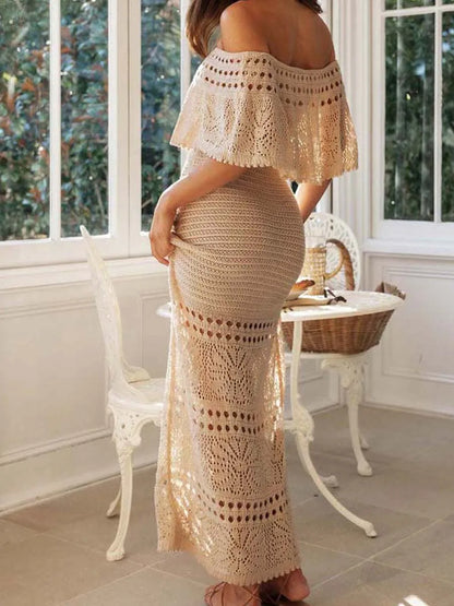 hirigin Elegant Women's Summer Boho Long Tube Top Dress Short Sleeve Off Shoulder Knit Pattern Hollow Tie Up Summer Dress