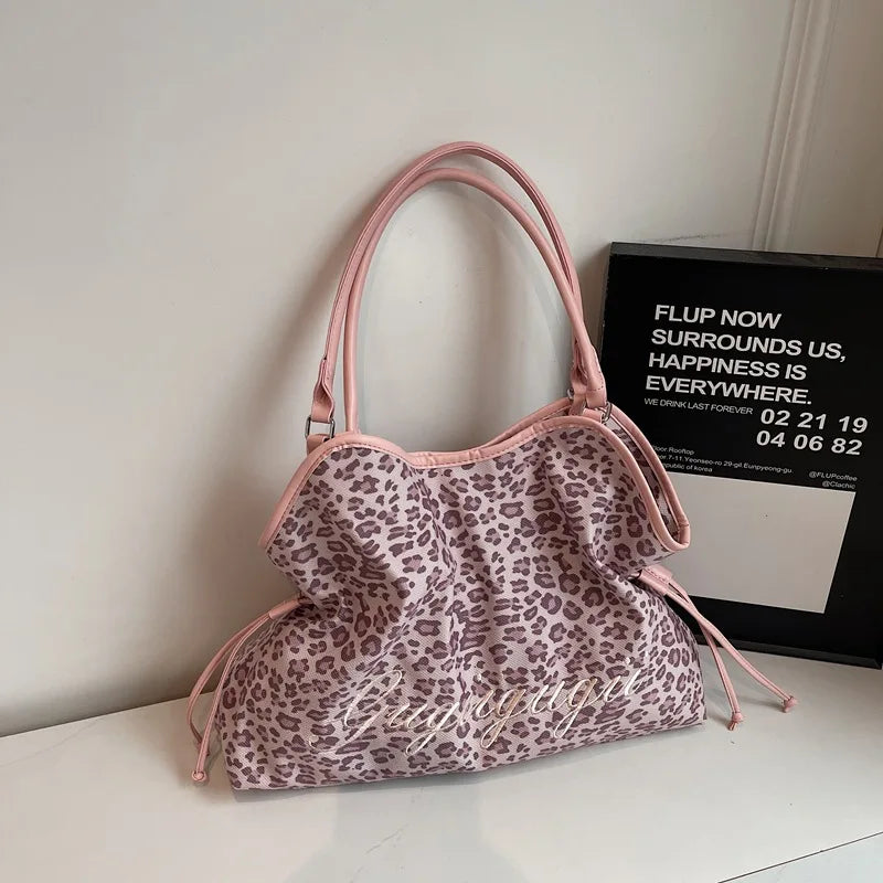 Brand Women's Shoulder Bag Y2k Fashion Sweet Polka Dot Handbag Korean Casual Versatile Leopard Print Brown Frosted Tote Bags