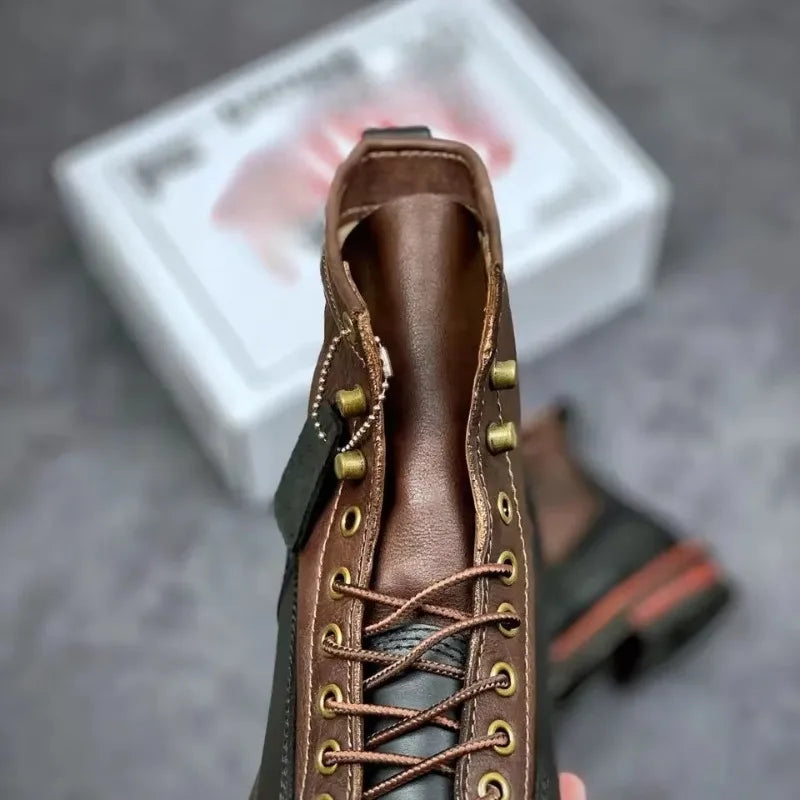 HOT Cowhide Men's Trekking Boot British Ankle Casual Sneakers Trekking Shoes Thick Soled High Top Motorcycle Boots
