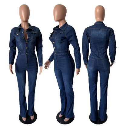 FAGADOER Fashion Denim Elastic Flared Pants Jumpsuits Women Turndown Collar Button Long Sleeve Playsuits Female Cowboy Overalls