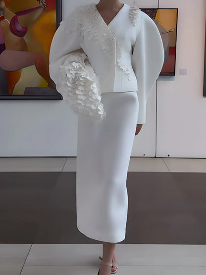 Elegant V-neck Coat & Half Skirts Outfits Women Casual Puff Sleeve Long Skirt Suits Fashion Petals Decoration Solid 2 Piece Sets