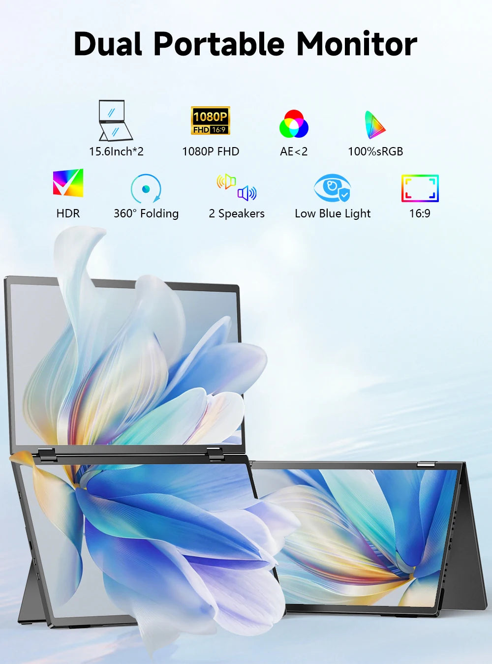 UPERFECT 15.6" Stacked Foldable Dual Monitor FHD 100% SRGB Laptop Screen Extender IPS HDR Travel Portable Monitor for Laptop PC Windows Mac OS Built-in Kickstand