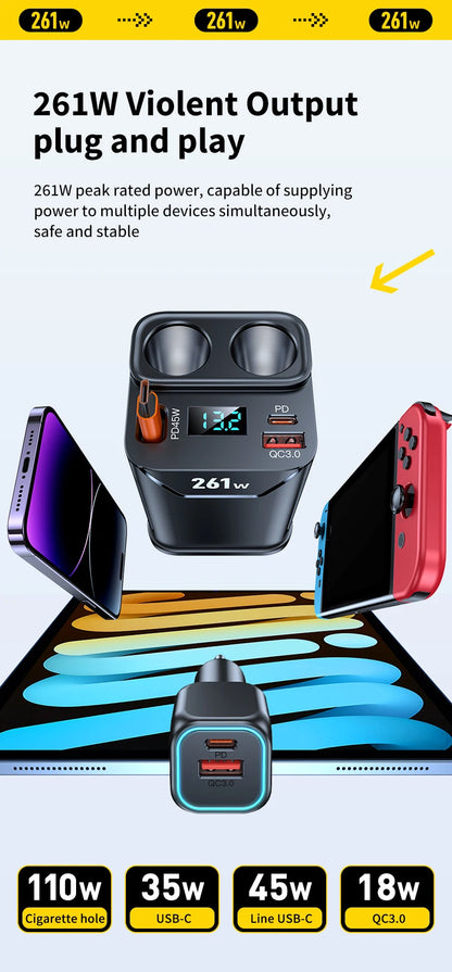 7 in 1 Cigarette Lighter Adapter Cup Holder 261W Car Charger Adapter with PD45W Charge 24V/12V Cigarette Lighter LED Voltmeter