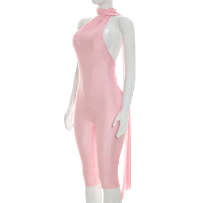 FAGADOER Sexy Halter Bandage Backless Jumpsuits Women Hip Ruched Skinny Rompers Overalls Party Slim Party Nightclub Playsuits