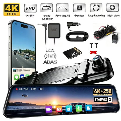 4K+2.5K Mirror Dash Cam with Front IMX678 & Rear, 10" Rear View Mirror Camera, 170° Wide-Angle, Reversing Aid, G-sensor, Looped Recording, Night Vision, 5.8GHz WiFi, External GPS, ADAS & BSD & LCA, 64G TF Card, X10 Pro Max