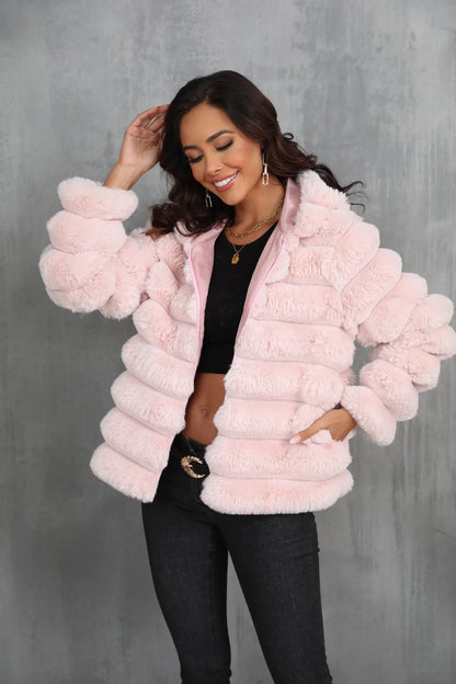 2026 Winter Hooded Plus Size Faux Fur Cropped Coat Women Furry Long Sleeve Plush Jacket Lady Large Fake Fur Warm Fluffy Cardigan