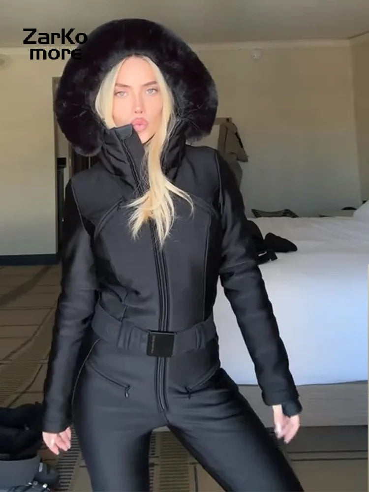 Fashion Hooded One-Piece Ski Jumpsuit Women Stand Collar Zipper High Waist Solid Windproof Outwear 2026 Winter Lady Skiwears New