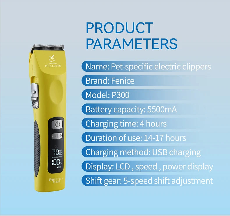 Fenice Cordless Rechargeable Pet Clipper Low Noise Professional Pet Hair Cutting Machine Grooming Trimmer Shaver Kit for Animals