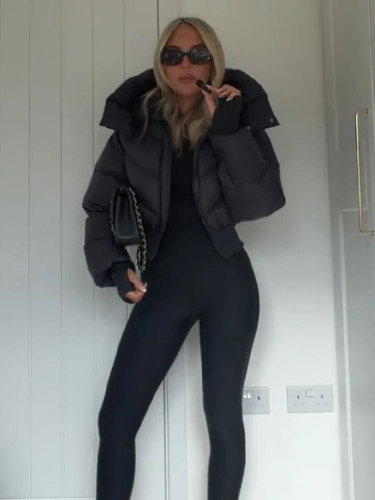 Trendy Solid Hooded Zip Snap Button Short Puffer Jacket Women Slim Fit Cropped Outerwear Winter Casual Street Daily Holiday Wear