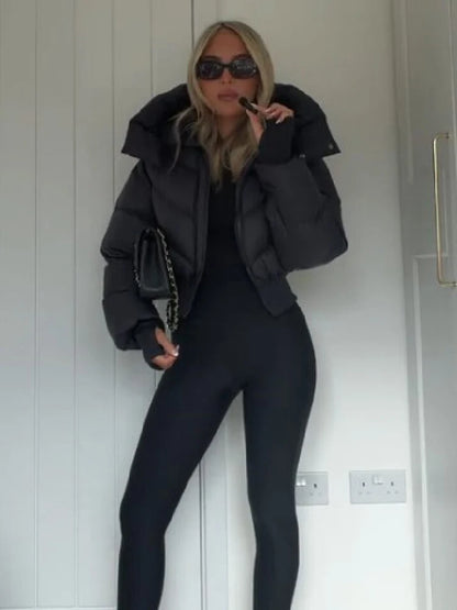 Trendy Solid Hooded Zip Snap Button Short Puffer Jacket Women Slim Fit Cropped Outerwear Winter Casual Street Daily Holiday Wear