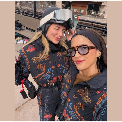 Floral Print One Piece Ski Suit Fashion Hooded Waterproof Thermal Snowboard Jumpsuit 2026 Winter Outdoor Windproof Snow Outfit