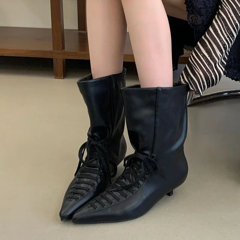 New Fashion Cross-tied Pointed Toe Women Ankle Boots Autumn Winter Thin Low Heels Party Dress Ladies Short Booties Shoes