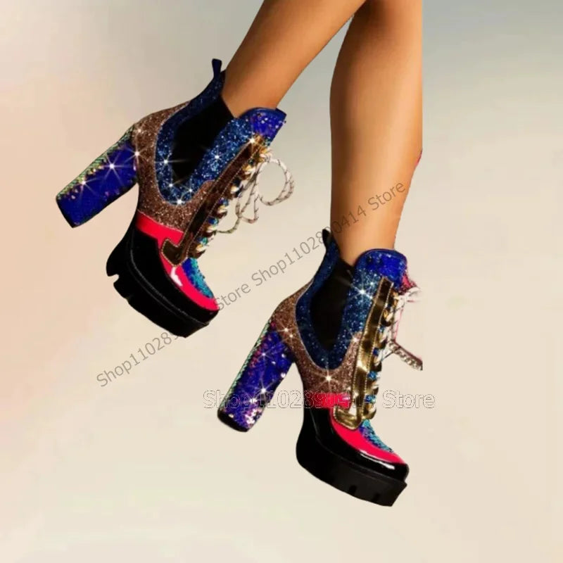 Colorful Sequins Patchwork Round Toe Platform Boots Cross Tied Women Shoes Chunky High Heels Fashion 2025 Zapatos Para Mujere