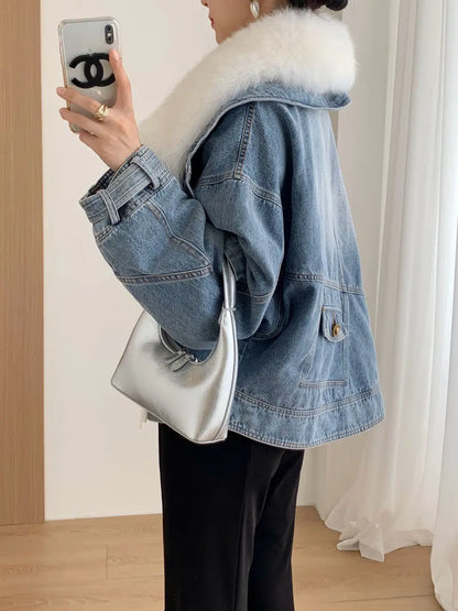 Winter Thickened Short Denim Jacket Fashion  Parkas Jeans Jacket Luxury Fur Coat Removable Fur Collar Cotton Jacket New