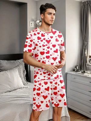 Men's pajama set with heart-shaped prints, comfortable summer clothing