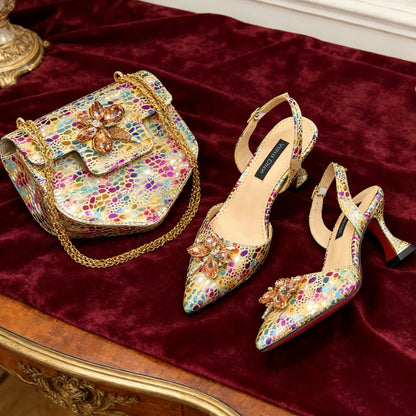 Venus Chan Elegant Rhinestone Heels & Matching Bag Set, Colorful Print Pointed Toe Block Heels for Banquet Club Night