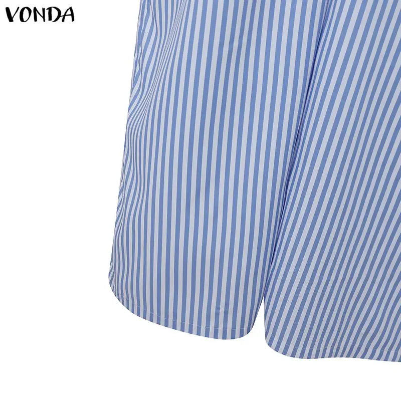 Plus Size VONDA Women Jumpsuits Summer Fashion Short Sleeve Stripe Jumpsuits Wide Leg Pants V Neck OL Party Overalls Playsuits
