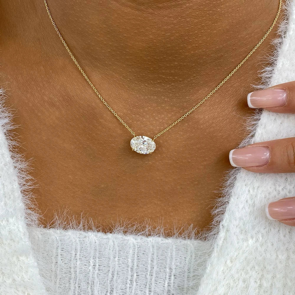 WSHUO 1/2/3carat East West Set Oval Cut Solitaire Moissanite Diamond Pendant Necklaces for Women Adjustable Stackable Neck Chain