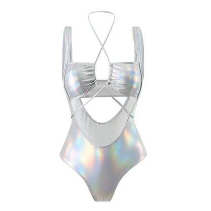 Sexy Glitter Metallic Halter Swimsuit One Piece Hollow Out Tie Bikinis Swimwear Bodysuits Women Biquini Bathing Suits Tankini