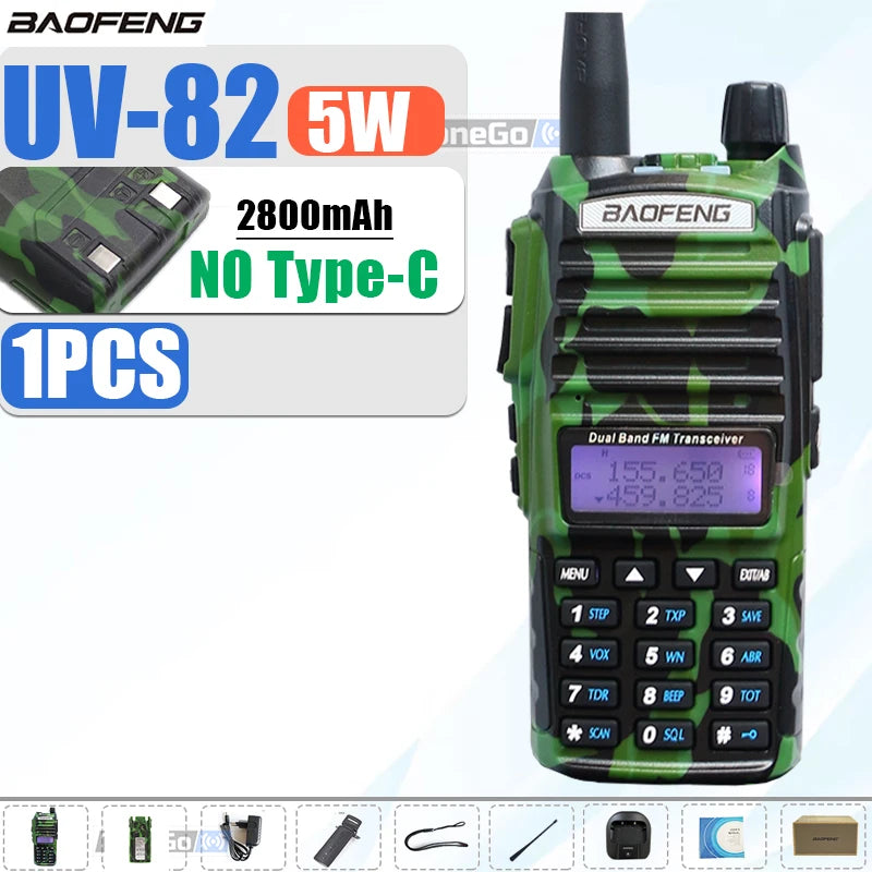 1/2Pcs Baofeng UV-82 Walkie Talkie 5/8W Tri-Power FM Radio Type-C Charger Dual PTT Dual Band VHF/UHF Two Way Camouflage For Hunt