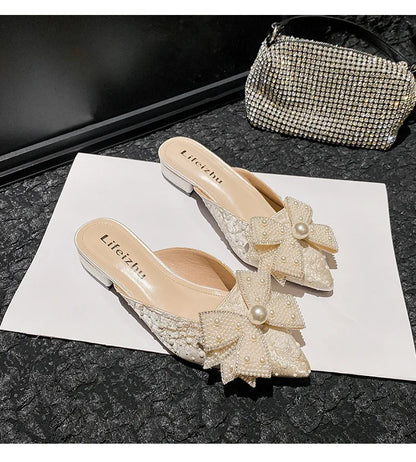Summer New Shoes for Women Luxury Slipper Outdoor Pointed Toe Pearl Casual Sandals Girl Four Leaf Clover Flat Mules Slides