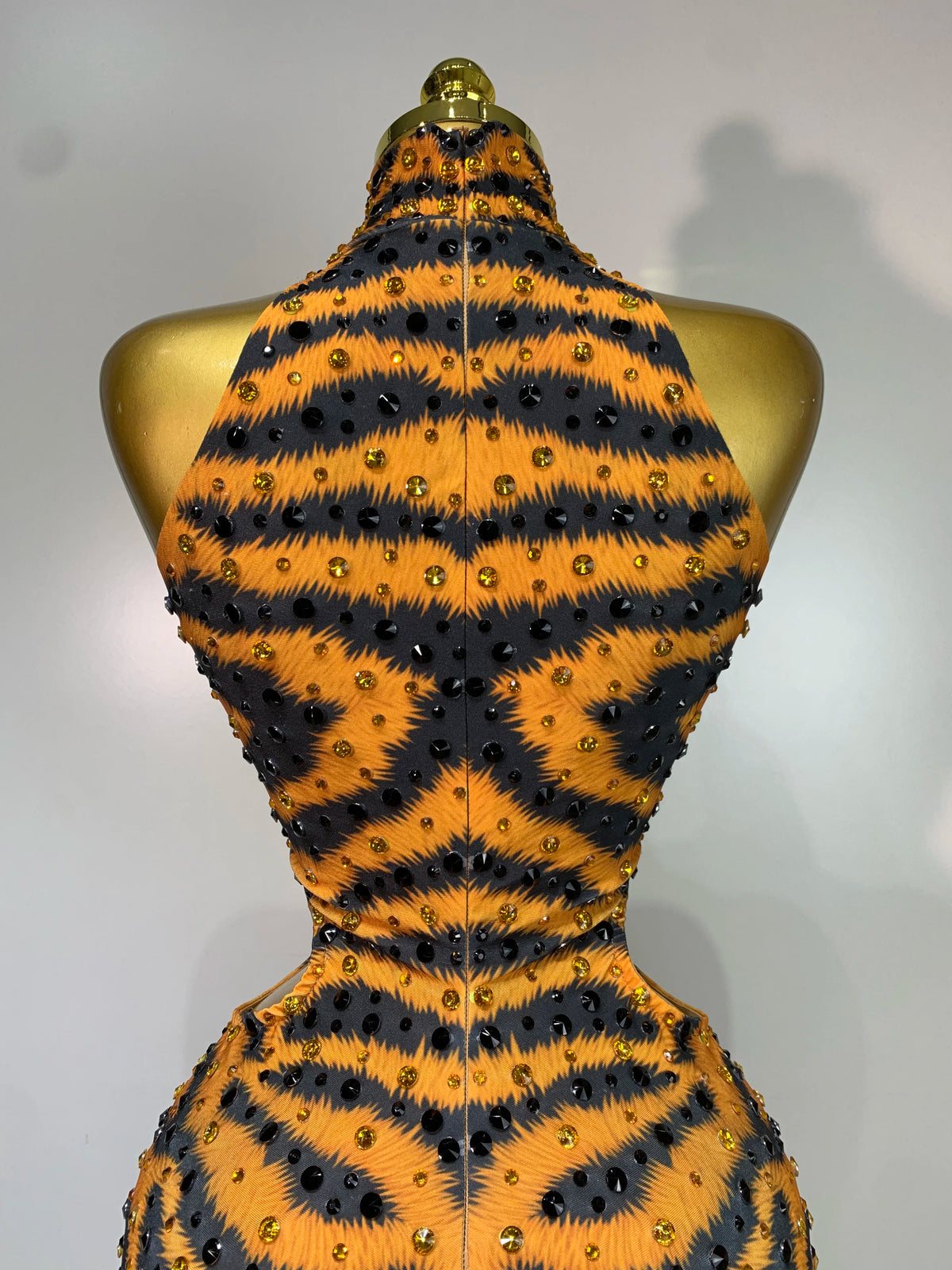 Sparkly Rhinestone Tiger Pattern Tight Fitting Jumpsuit Evening Party Sexy Nightclub DJ Stage Performance Outfit