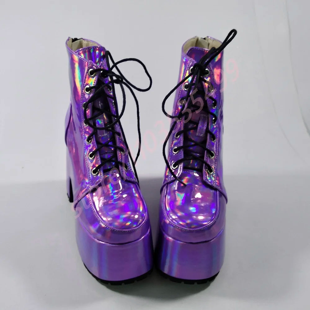 Thick Sole Round Toe Punk Party Boots 2025 New Street Rock Lace-Up Motorcycle Boots Fashion 34-48 Thick High Heel Ankle Boots