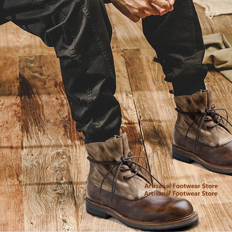 Vintage Thick-Soled Boots Genuine Leather High Top Lace Up Men's Booties British Style Trendy Handmade Cowhide Men's Shoes