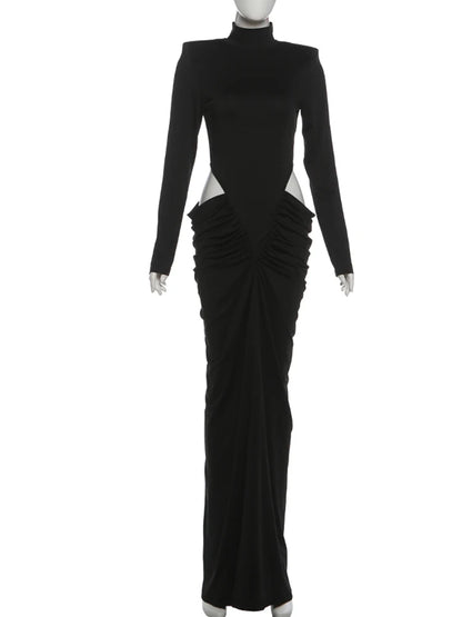 Nibber Hipster Waistless Ruched Elegant Dress Woman Autumn Style Turtleneck Full Sleeve Hollow Design Prom Party Long Bodycon