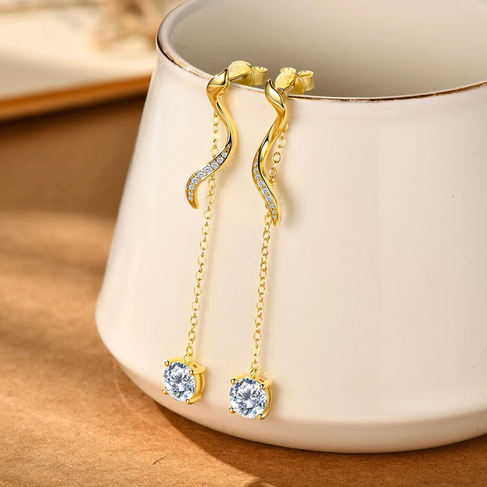 Sweetrain 1CT Moissanite Drop Earrings S925 Sterling Silver Long Tassel Dangle Earring for Women Wedding Jewelry Gifts with GRA